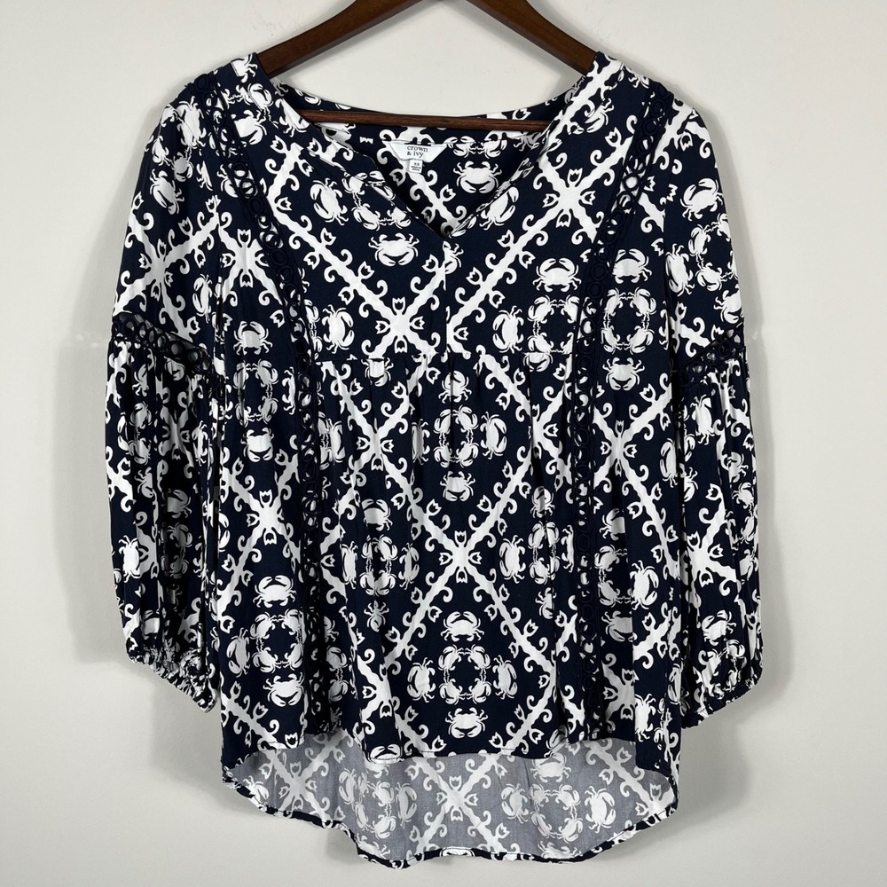Crown & Ivy Womens XS Navy Blue White Crab Print Crochet Trim Peasant Blouse Top